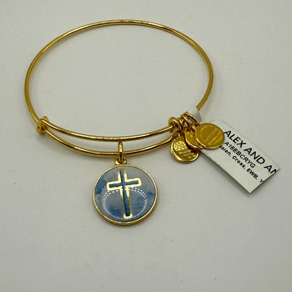 Spiritual Faith Cross Bangle Alex‎ and Ani A16EBCRYG Gold Blue Expandable - Picture 2 of 7